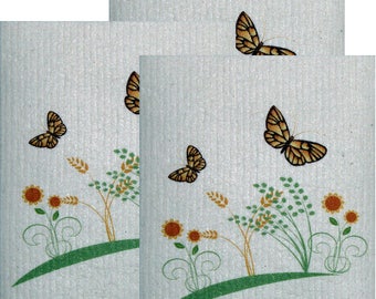 Swedish Dishcloths | Set of 3 each "2 Spring Butterflies" Design | Eco Friendly Cleaning Absorbent Cloth Eco Friendly Cleaning Wipes