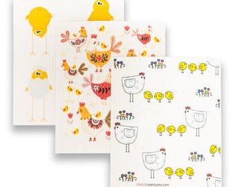 Chicken Print Swedish Dishcloths - Eco Friendly Cleaning Sponges - Set of 3