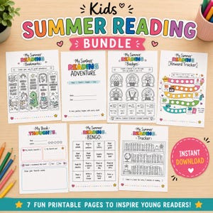 May include: A Kids Summer Reading Bundle featuring seven printable pages with colorful headings. Includes bookmarks, a reading adventure log, badges, a reward tracker, a book thoughts sheet, a reading bingo card, and a reading tracker with book illustrations.