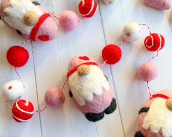 Valentines Gnomes - Felt Ball Garland - Holiday Decor - Valentine's Day - Tiered Tray Decor - Mantel Decor - Classroom Decor - Heart - Love