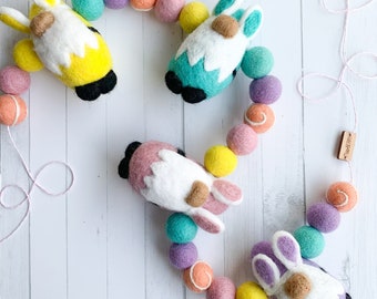 Pastel Bunny Gnomes Felt Ball Garland - Easter Decor - Mantel Decoration - Tiered Tray Decor - Party Decor - Nursery - Holiday Inspiration