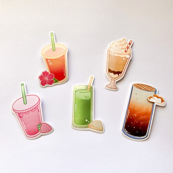 Cafe Drink Stickers Pink Drink, Iced Matcha Latte, Caramel Cloud