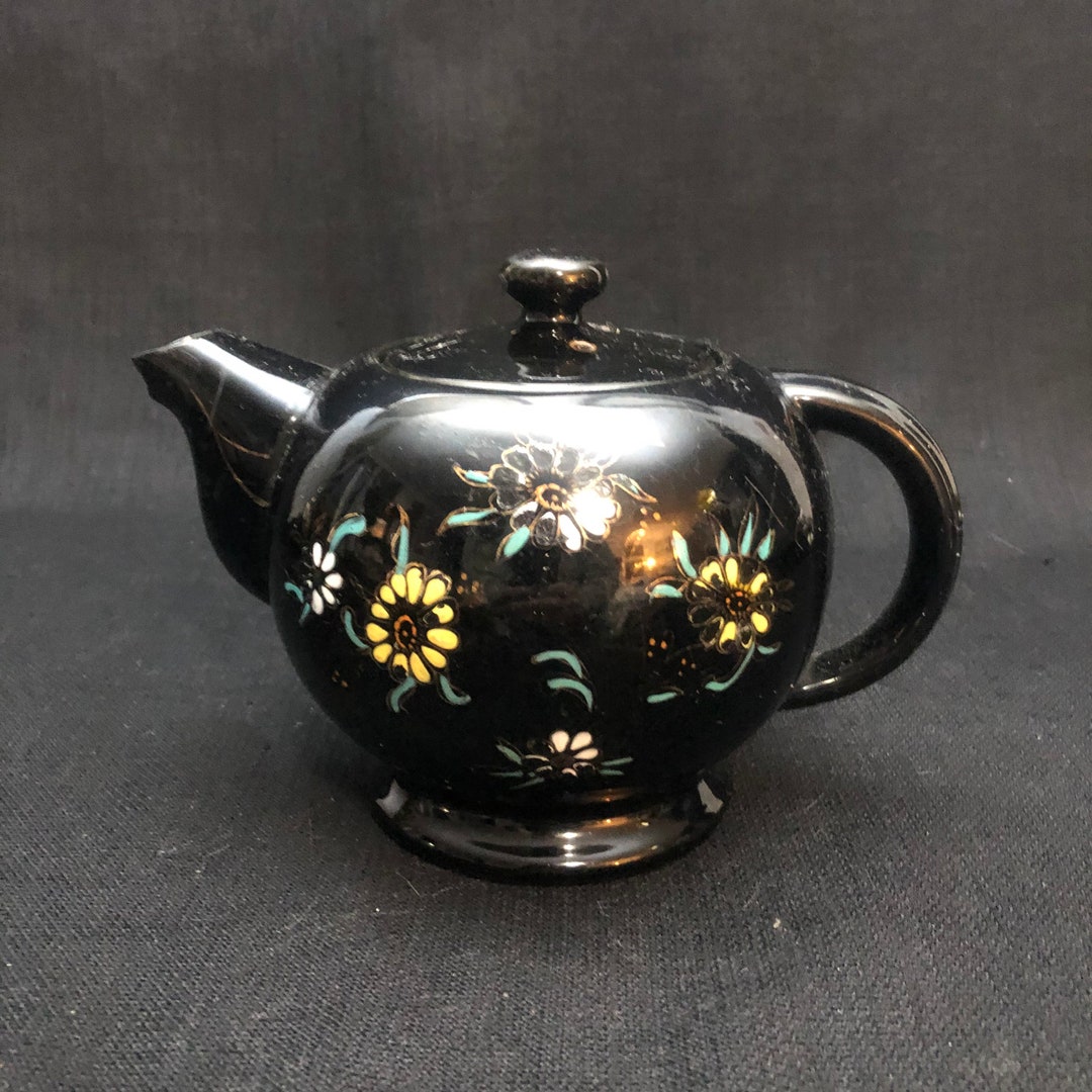 Vintage Hand Painted Japanese Teapot Black Teapot With Hand Painted