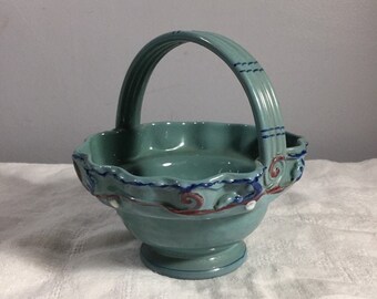Vintage Art Deco Pottery Basket - Mid Century Italian Pottery - Pottery Basket with Handle - Aqua Blue Basket - European Manufacturers Marks