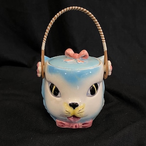 Vintage Kitty Cookie Jar with Handle - ?Lefton or Miss Kitty Jar - Marked Cookie Jar in Fabulous Condition