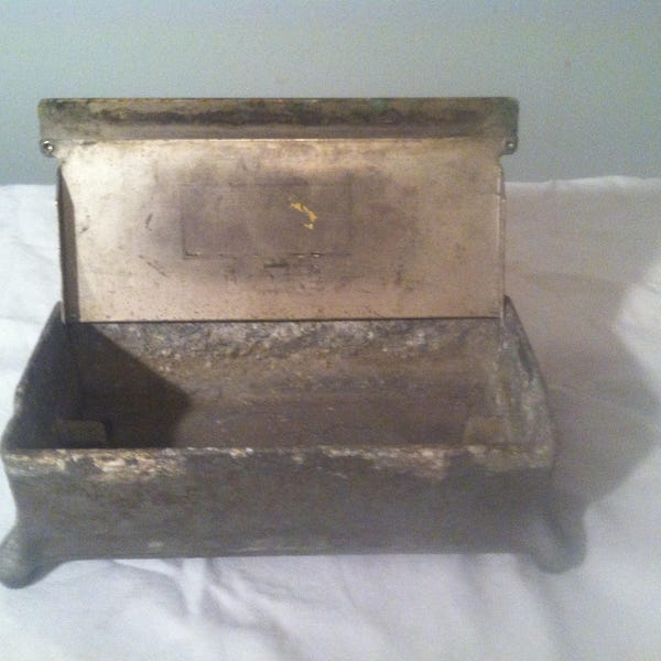 Antique Labelor  #106Iron and Aluminum Ash Box and Brush - Creamatorium Ash Box - Fireplace Ash Box - Crumb Box - Carey McFall Co