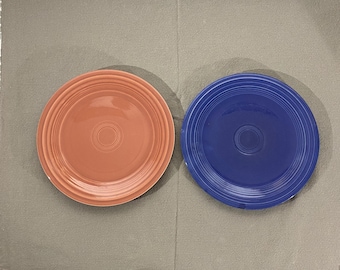 PAIR Vintage Fiesta Luncheon Plates - Rose and Cobalt Blue Fiesta 10" Luncheon Plates - Original Rose and Cobalt Fiesta