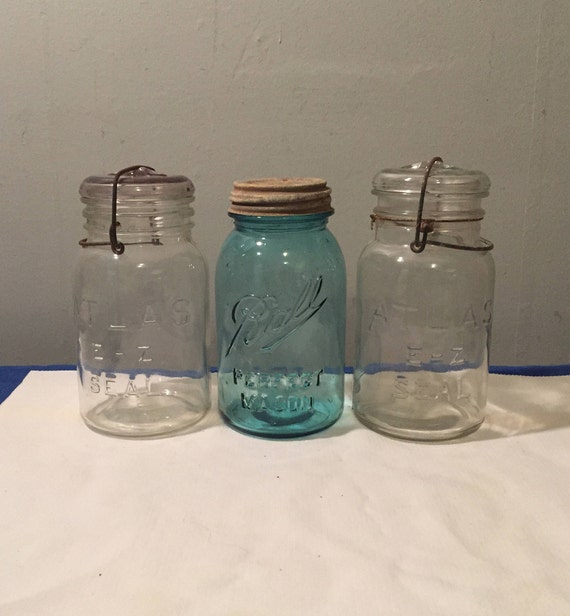 Vintage Blue Glass Fruit Canning Jar Quart; Ball Ideal, Atlas E-Z Seal