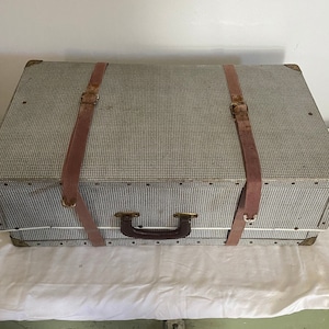 1960&#39;s Princess House Suitcase - Vintage Cardboard Suitcase - Houndstooth Pattern Black and White - Brass Corners