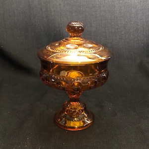 Vintage Kings Crown Amber Candy Dish - Retro Amber Glass Dish with Lid - Thumbprint  Compote - Footed Wedding Bowl