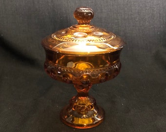 Vintage Kings Crown Amber Candy Dish - Retro Amber Glass Dish with Lid - Thumbprint  Compote - Footed Wedding Bowl