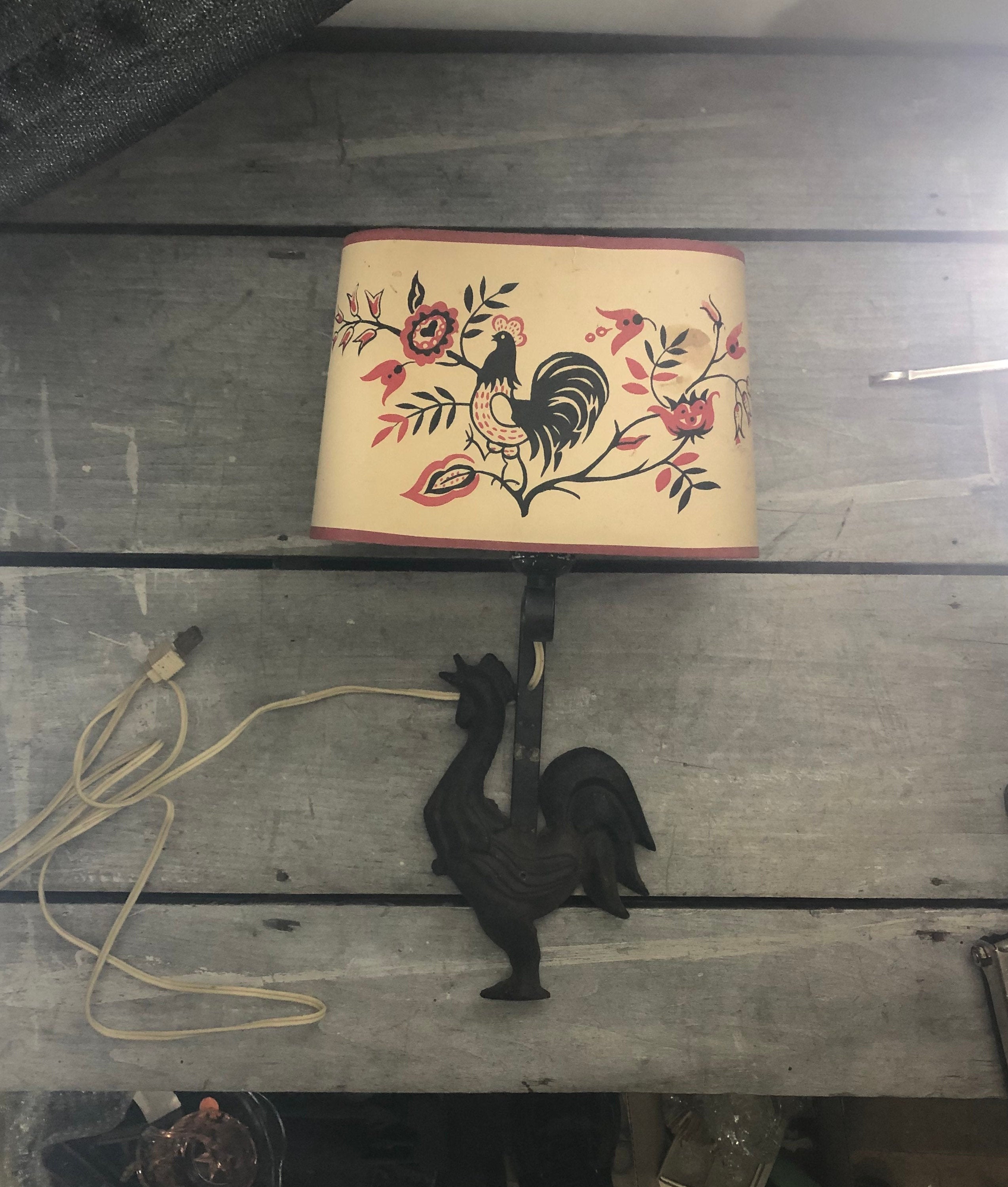 Antique Cast Iron Rooster Wall Lamp W shade Vintage Rooster