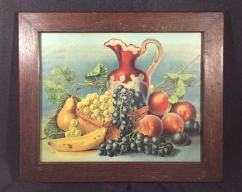 1908 Still Life Lithograph Print - Antique Oak Frame with Lithograph - Fruit and Pitcher Lithograph