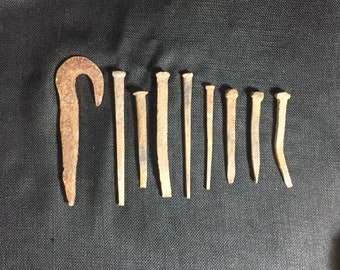 Antique Forged Iron Coffin Nails and Hook - Rusty Iron Spikes - Old Iron Nails - Square Nails - Forged Hook