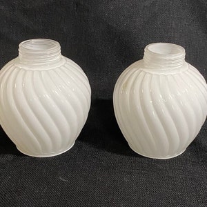 Pair Antique Milk Glass Swirl Light Globe / Shades - 1940s Milk Glass Lamp Shades