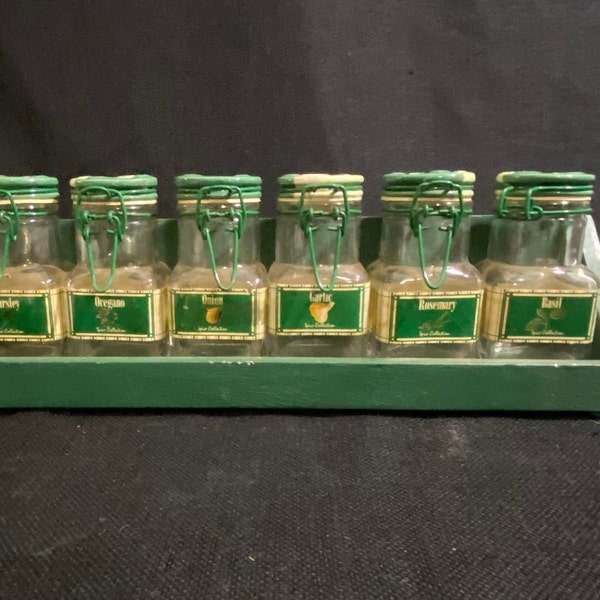 Vintage Six Bottle Spice Rack - Wooden Rack with Glass Jars and Locking Top - 1970s Wall Mount Spice Rack