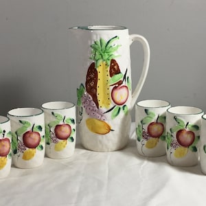Vintage Ceramic Pitcher Set and Cups - Mid Century Pitcher w/ Fruit Decor and SIX CUPS - Drinkware