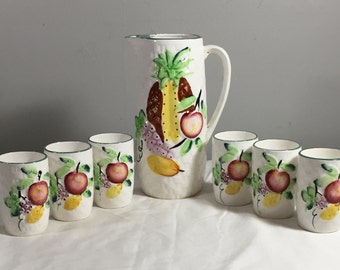 Vintage Ceramic Pitcher Set and Cups - Mid Century Pitcher w/ Fruit Decor and SIX CUPS - Drinkware