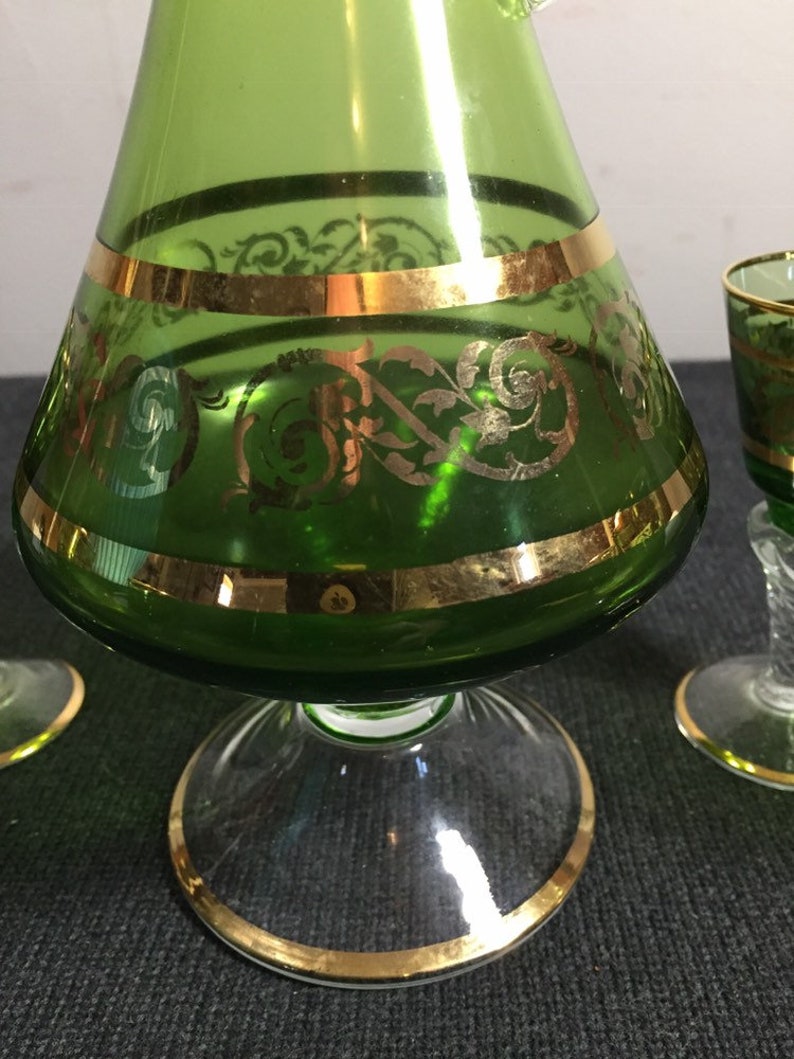 Italian Cordial Decanter and FIVE Glasses Emerald Green/Gold Etsy