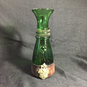Green Glass Decanter w/Leather and Gold Tone Decor - Antique Kelly Green Decanter with Handle