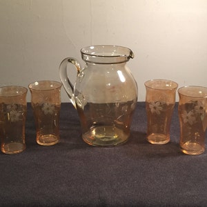 SET of Etched Glass Pitcher and Glasses - Delicate Light Amber Glass - Retro Kitchen Glasses - Delicate Glass Pitcher and Glasses