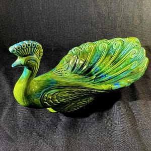 Mid Century Ceramic Centerpiece Peacock - Brilliant Colorful Large Ceramic Peacock - 15x9x9 inch Ceramic Peacock