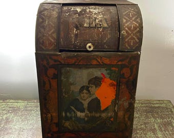Antique General Store Counter Tea or Coffee Tin - Large 1800's Store Display Tin with Sliding Door