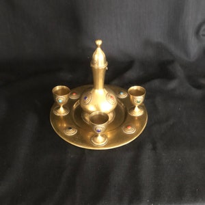 Antique Brass Decanter and Cups and Tray- Small Brass with Jewels Coffee Pot and Jewelled Shot Glasses - Brass and Jewels