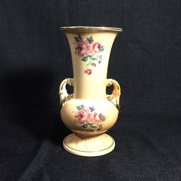 Spaulding China Vase - Vintage Pottery Flower Vase - Ornate Vase with Handles - Cream and Gold with Floral Motif - Hand Painted Vase