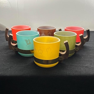 Vintage Set of SIX Siesta Mugs - 1960's Siesta Mug Set - Multi Color Mug Set - Wooden Handles
