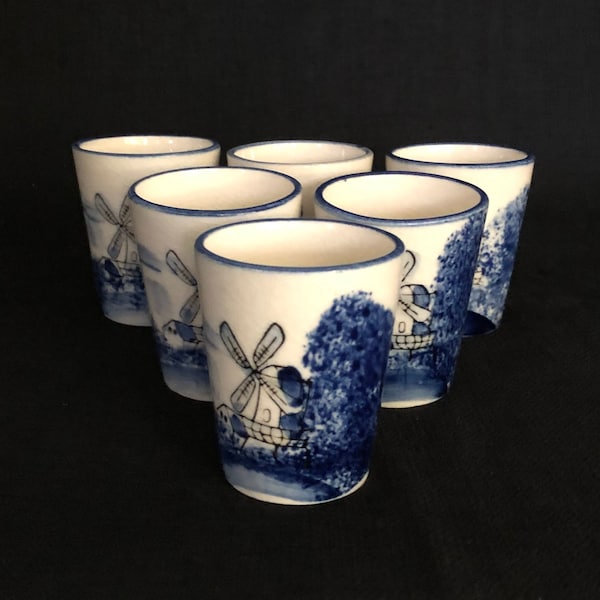 Antique Sake Cup Set - Cobalt Blue Windmill Glaze on White - Pre-War Japan Sake Set