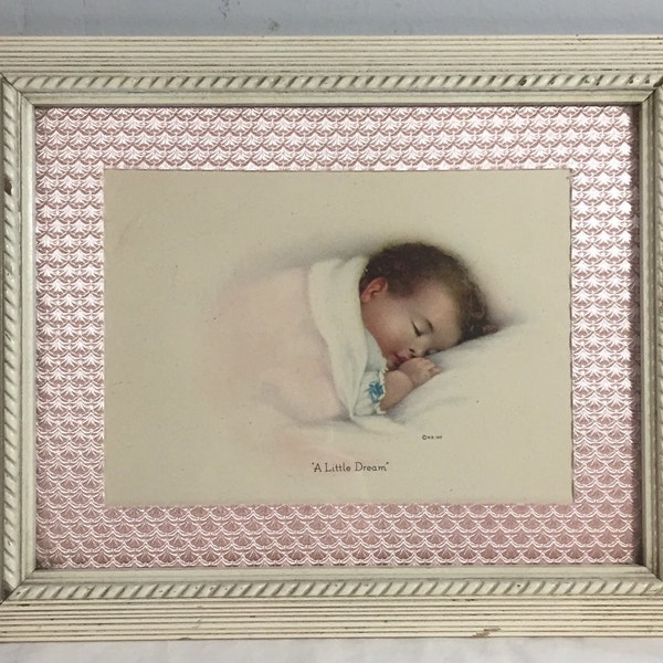 Vintage Print “A Little Dream" by Annie Benson Muller - 1932 - Nursery Decor - Antique Framed Print of Baby Sleeping