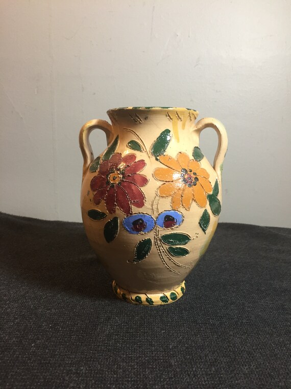 Vintage Double Handle Italian Pottery Vase Urn Etched Flower Etsy