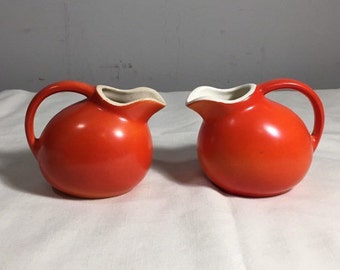 PAIR of Cameron Pottery Pitchers - Orange Ball Creamers - Miniature Ball Jug - Cream Pitcher - Cronin China - 1930's