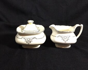 Lido W.S. George Canarytone Sugar Bowl and Creamer Set - Antique China - Beige and Silver China - Collectible WS George