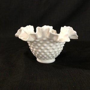Vintage Fenton Milk Glass Hobnail Ruffled Vase / Bowl / Candy Dish - Vintage Fenton Glass Decor