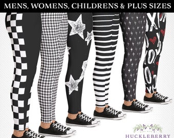 Leggings rayés noirs et blancs pour Halloween : hommes, femmes, enfants et tailles plus ! Pied-de-poule, effet Doppler, course automobile et plus encore !