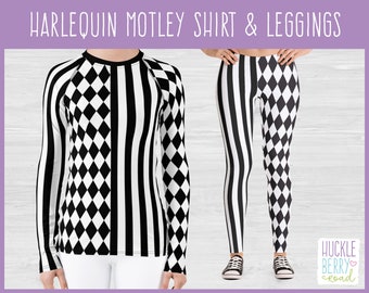 Court Jester Harlequin Motley Leggings and/or Long Sleeve Shirt Costume for Halloween - Mens, Womens, Child and Plus Sizes!