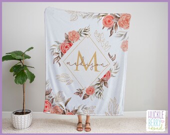 Personalized Name Blanket with Gold and Roses | Large 50x60 inch Fleece Blanket | Custom Blanket with Name