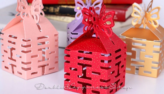 Double Happiness Wedding Favor Box With Butterfly Closure Qty Etsy