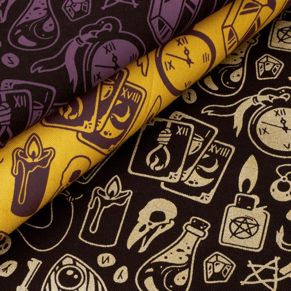 City Witch cotton fabric print | Hand screen printed witchcraft and witchy supernatural occult textile | 100% cotton quilting fabric