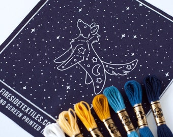 Constellation Wolf fabric art print with embroidery kit option for creative craft needlework | Night sky stars animal canine wolf spirit