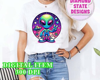 Alien Peace Out Peace Sign Stay Weird Groovy PNG, sublimation, funny images, digital download, clipart