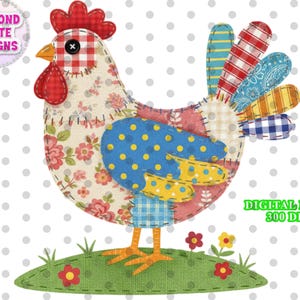 May include: A patchwork chicken illustration with a red comb and wattle, a yellow beak, and a black button eye. The chicken has a floral, polka dot, and plaid pattern. The text "DIGITAL ITEM 300 DPI" is visible. The image also includes the text "DIAMOND STATE DESIGNS".