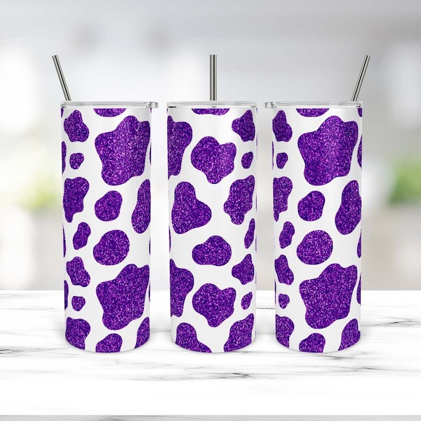 20 Oz Skinny Tumbler Template PNG | Cow Print Animal | Purple Glitter | PNG tumbler | Instant Download | sublimation designs | Animal Print