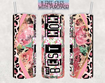 Best Mom Floral Leopard Roses License Plate Letters 20 Oz Skinny Tumbler Template PNG, instant download, sublimation tumbler