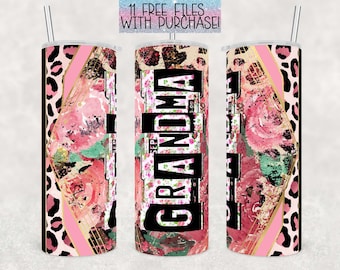Grandma Floral Leopard Roses License Plate Letters 20 Oz Skinny Tumbler Template PNG, instant download, sublimation tumbler