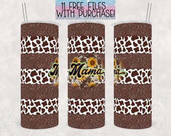 Plantilla PNG para vaso delgado de 20 oz con estampado de vaca y girasoles, color marrón brillante / Descarga instantánea / Diseños de sublimación