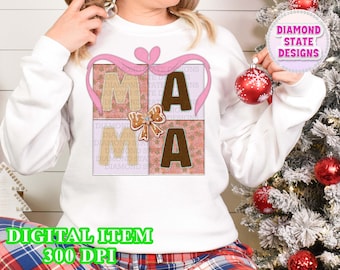 Christmas Gingerbread Mama Faux Felt Stitched Squares PNG, sublimation, digital download, clipart
