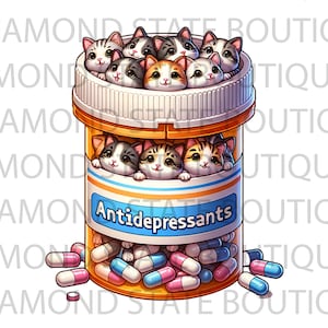 Bouteille de pilules antidépresseurs pour chats PNG, sublimation, chemise png, drôle, téléchargement numérique, clipart, fichier DTF, toboggan aquatique, papier cartonné, autocollant PNG